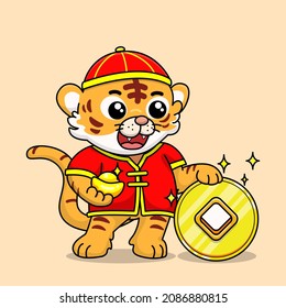 celebrating chinese new year, chinese new year, illustration of tiger cub wearing cheongsam dress, cartoon with kawaii and chibi style, tiger cub holding gold coin. symbol of good luck and prosperity