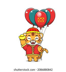 celebrating chinese new year, chinese new year, illustration of tiger cub wearing cheongsam dress, cartoon with kawaii and chibi style, tiger cub holding balloon. suitable for Chinese New Year content