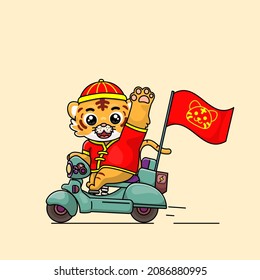 celebrating chinese new year, chinese new year, illustration of tiger cub wearing cheongsam dress, cartoon with kawaii and chibi style, tiger cub riding an electric scooter and waving hand