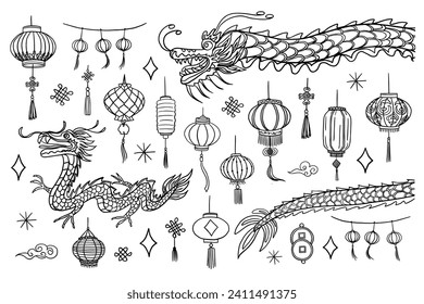 Celebrating Chinese New Year. Chinese lanterns and dragon. Chinese culture and traditions. Festivals and holidays. Chinese calendar animal. Great for greeting card, banner, poster. Hand drawn. Doodles