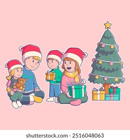 Weihnachtsabend mit Happy Family Cute Illustration Flat Art Vector