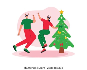 Celebrating Christmas with family, decorating the fir tree, having fun at the end of the year, vector illustration.
