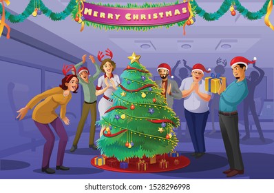 Celebrating Christmas And Happy New Year with colleagues  in Ofiice