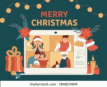 Celebrating Christmas and New Year online. People in costumes on laptop during video call. The family got together. Flat vector illustration.