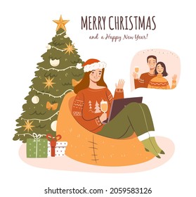 Celebrating christmas and new year via video call on laptop. Happy girl in a sweater greets her friends. Flat vector illustration