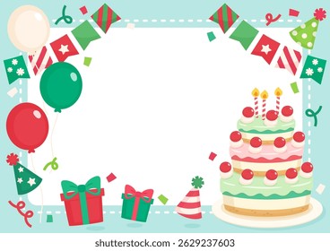 celebrating christmas party with cake balloon and gift theme frame, vector illustration