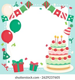 celebrating christmas party with cake balloon and gift theme frame, vector illustration