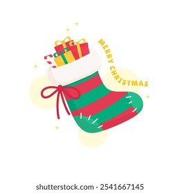 celebrating christmas season with bunch of gifts stuffed stocking, vector illustration