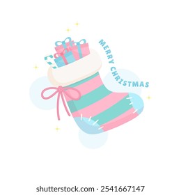 celebrating christmas season with bunch of gifts stuffed stocking, vector illustration