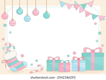 celebrating christmas season with pastel christmas party theme frame decorating with sock gift and ornament, vector illustration