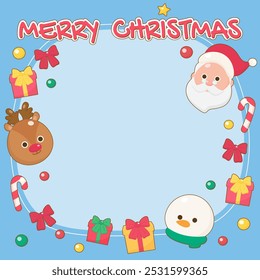 celebrating christmas season with santa reindeer and little snowman theme frame, vector illustration