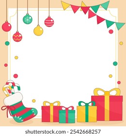 celebrating christmas season with vivid christmas party theme frame decorating with sock gift and ornament, vector illustration