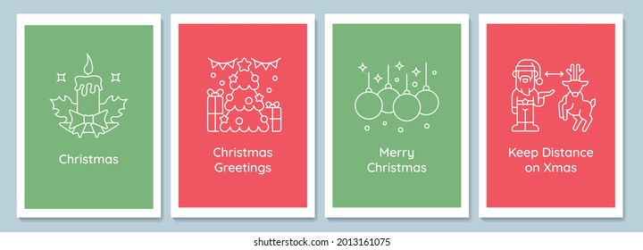 Feiern Sie Weihnachtsstraditionen Postkarten mit linearem Symbol-Set. Grußkarte mit dekorativem Vektordesign. Einfaches Stilposter mit kreativer Kunstgrafik. Flug mit Urlaubswunsch