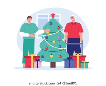 Celebrating Christmas with a tree and gifts at the nursing home. Character design. Vector flat illustration