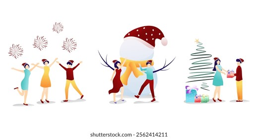 Celebrating Christmas, Christmas trees, exchanging gifts, dancing, celebrating Christmas with friends, wearing party clothes, Santa hats, snowmen.