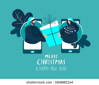 Celebrating Christmas,Happy New Year,Birthday,Holiday People Giving Gift Box,Present in Smartphone Mobile App.Artificial Intellect,Digital Post Send Congratulations.Online Shopping Vector Illustration
