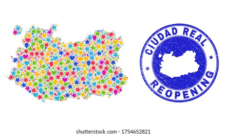 Celebrating Ciudad Real Province map collage and reopening rubber watermark. Vector collage Ciudad Real Province map is done from random stars, hearts, balloons.