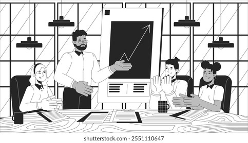 Celebrando el crecimiento de los ingresos de la empresa ilustración de línea en blanco y negro. Colegas de Equipo aplaudiendo con el fondo monocromo de los caracteres 2D del gerente. El reconocimiento de los logros empresariales esboza la Imagen de Vector