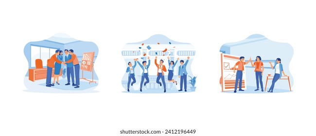 Celebrating concept. Business team standing and laying hands on each other. Marketing team celebrates business win. Happy young businessman standing near whiteboard. 