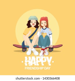 Celebrating the concept of friendship day. Two male and female cartoon characters sitting on a skateboard. Illustration of happy friends for greeting cards