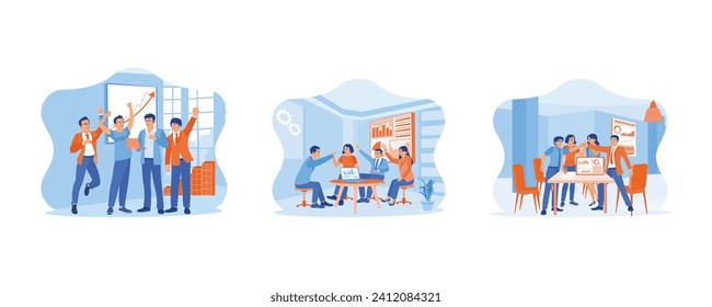 Celebrating concept. Raise each others hands and cheer. Businessman and coworkers standing and high five. set flat vector modern illustration