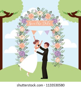 celebrating couple wedding in park arch flowers save the date card