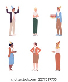 Celebrating coworker birthday at work semi flat color vector characters pack. Editable full body people on white. Simple cartoon style spot illustration bundle for web graphic design and animation