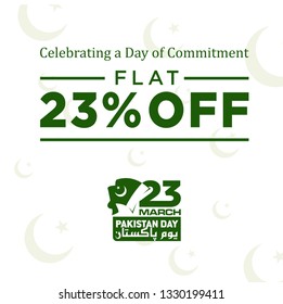 Celebrating a Day of Commitment. Pakistan Resolution Day Logo. 23rd March. 23% off. Flat Discount. Image Symbol. Web Banner. Vector illustration.