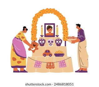 Celebrating the Day of the Dead. Vector illustration of an altar with a portrait and offerings, including flowers, toys and pastries on a white background