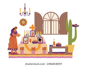 Celebrando el Día de los Muertos. Ilustración vectorial de una niña llevando ofrendas al altar con retratos de parientes, en el fondo de un interior del hogar