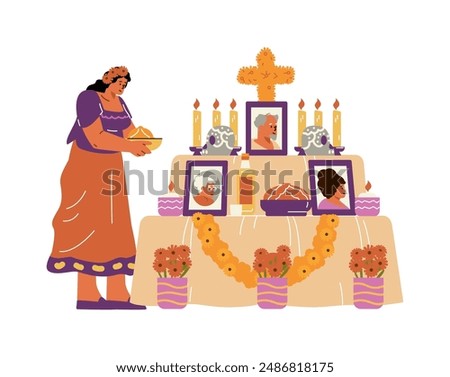 Celebrating the Day of the Dead. Vector illustration of a girl bringing offerings to the altar with portraits of relatives surrounded by skulls and marigold flowers