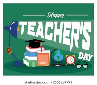 Celebrating Teacher’s Day, featuring educational items such as books, a graduating cap, a globe, and a vintage clock, conveying appreciation, knowledge, and gratitude towards educators. 