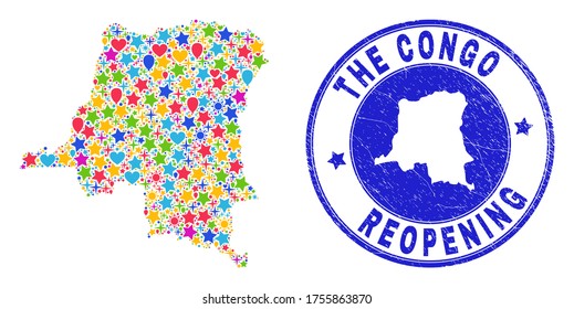 Celebrating Democratic Republic of the Congo map collage and reopening rubber seal. Vector collage Democratic Republic of the Congo map is organized of scattered stars, hearts, balloons.