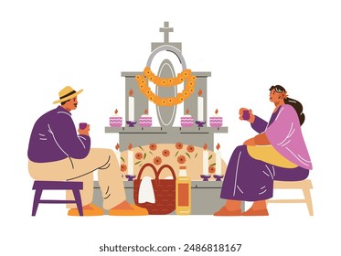 Celebrating Dia de los Muertos. Vector images of characters on a grave monument, decorated with flowers and candles in the spirit of the Day of the Dead in Mexico. Flat design, separate background.