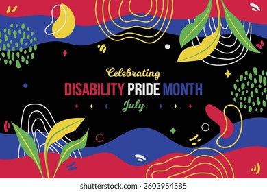 Celebrating Disability Pride Month Boho Background. July Awareness Abstract Texture poster. Horizontal banner vector illustration. Website header, social media post, greeting card graphic resource art