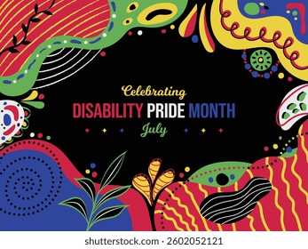Celebrating Disability Pride Month Memphis Background. July Awareness Abstract Texture poster. Horizontal banner vector illustration. Website header, social media post, greeting card graphic resource