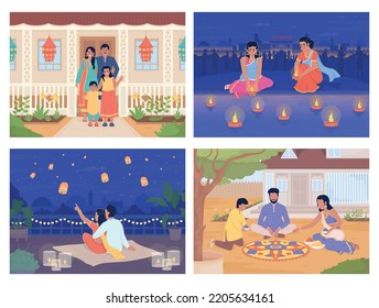 Celebración de Diwali con ilustraciones vectoriales familiares de color plano. Honrando el festival indio de las luces. Colección de personajes de dibujos animados 2D, totalmente editable, con paisajes de la ciudad de la India sobre el fondo