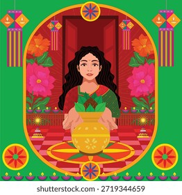 Comemorando o Diwali com o conjunto de ilustrações de vetor de cor plana. editável 2D simples Lady personagem novo estilo fundo