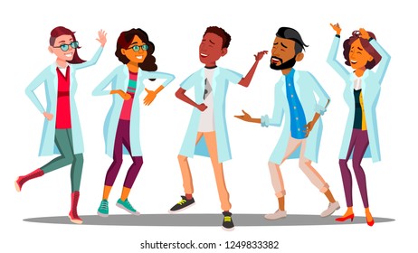 Celebrating Doctor's Day, Dancing Group Of Happy Doctors Vector. Isolated Cartoon Illustration
