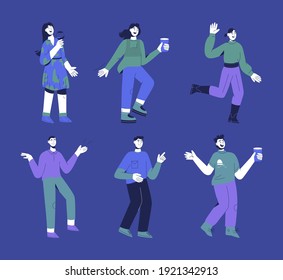 Celebrating and drinking people set isolated person. Men and women drinks beverage, smiling, dancing. Party time, holiday celebration or friendly meeting concept. Vector character illustration