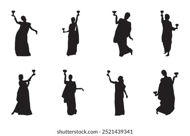 Celebrating Durga puja Indian women's silhouette illustration.