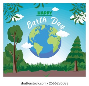 Celebrating Earth Day with a globe, trees, and lush greenery symbolizing environmental awareness and nature's beauty. Flat vector modern illustration