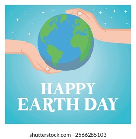 Celebrating Earth Day, showing hands carefully holding the planet Earth over a bright gradient background, emphasizing care for the environment and harmonious coexistence with nature.
