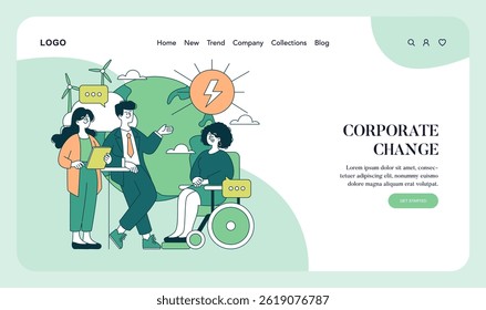 Celebrating Earth Day, this illustration showcases diverse individuals engaging in discussions around environmental sustainability. The setting emphasizes renewable energy and corporate responsibility
