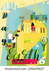 Celebrating Earth Day.Vector ecology concept.Happy Earth Day greeting card with children