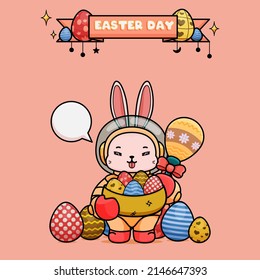Celebrating Easter, Doddle Bunny Mascot With An Outline, In A Kawaii Style. Easter Bunny Cartoon Illustration In Astronaut Suit Holding Basket Full Of Easter Eggs And Holding A Maracas Egg