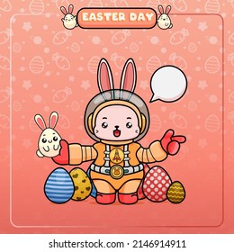 Celebrating Easter, doddle bunny mascot with an outline, in a kawaii style. easter bunny cartoon illustration in astronaut suit holding a little egg bunny with cute face and pointing to left