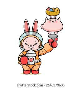 Celebrating Easter, doddle bunny mascot with an outline, in a kawaii style. easter bunny cartoon illustration in astronaut suit holding chubby cute bunny with a stick and a tumbler, boba tea