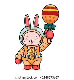 Celebrating Easter, doddle bunny mascot with an outline, in a kawaii style. easter bunny cartoon illustration in astronaut suit holding a colorful ornament egg with stick
