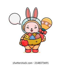 Celebrating Easter, Doddle Bunny Mascot With An Outline, In A Kawaii Style. Easter Bunny Cartoon Illustration In Astronaut Suit Holding Basket Full Of Easter Eggs And Holding A Maracas Egg